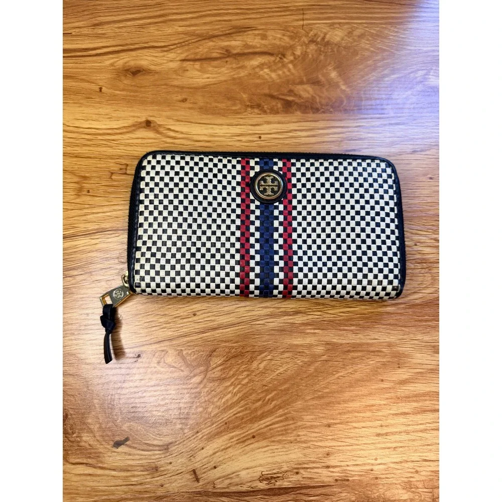 Tory Burch Woven Leather Checkerboard Zip Continental Wallet Navy White OS